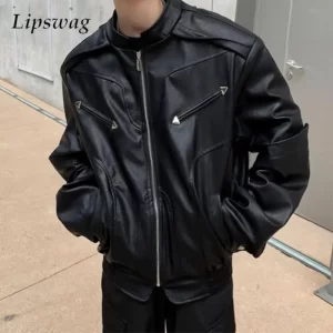 PU Leather Jackets For Men Fashionable Stand Collar Zipper Long Sleeve Loose Leather Coats Mens Autumn Vintage Patchwork Jacket