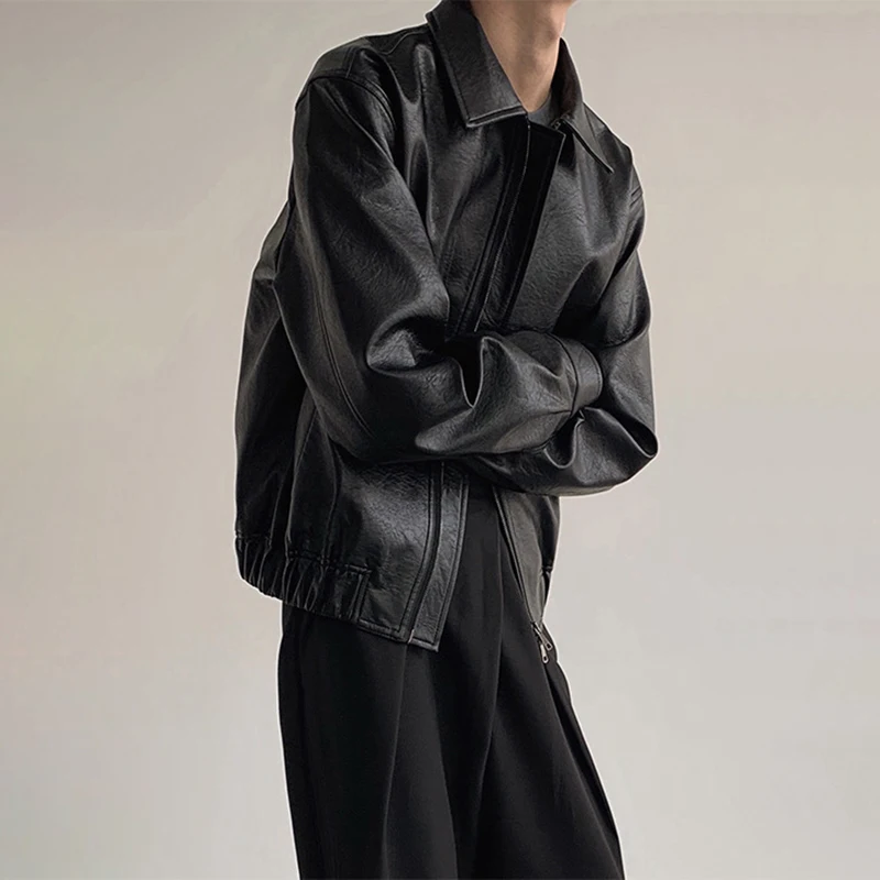 Vintage PU Leather Jackets Men Autumn Fashionable Solid Color Lapel Zip-up Leather Coats Men Stylish Loose Long Sleeve PU Jacket - Image 6