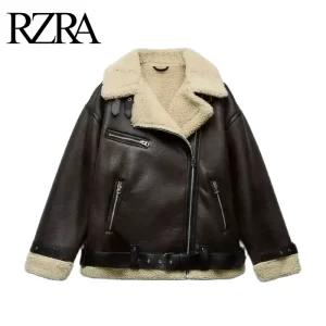 RZRA Autumn and Winter New Women's Clothing 2024 Street Style Versatile Zipper Belt Fur Integrated Reversible Jacket
