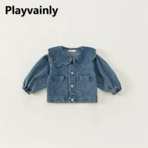 New Spring Autumn Children Denim Coat Ruffle Collar Puff Long Sleeve Jackets Baby Girls Fashion Versatile Clothes E82075
