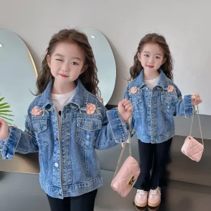 New Fashion Flower Spring Autumn Denim Girls Coat 2-12 Years Full Sleeve Lapel Outdoor Windbreaker For Kids Birthday Present