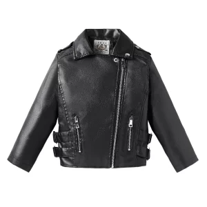 Girls Fashion Leather Jacket Spring Autumn New Korean Children Zipper Lapel Coats Kids Zipper Pockets Tops