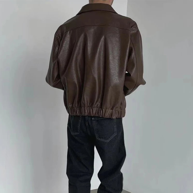 Vintage PU Leather Jackets Men Autumn Fashionable Solid Color Lapel Zip-up Leather Coats Men Stylish Loose Long Sleeve PU Jacket - Image 3