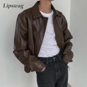 Vintage PU Leather Jackets Men Autumn Fashionable Solid Color Lapel Zip-up Leather Coats Men Stylish Loose Long Sleeve PU Jacket