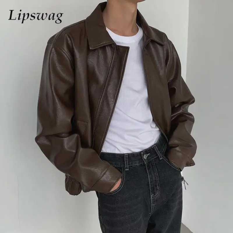 Vintage PU Leather Jackets Men Autumn Fashionable Solid Color Lapel Zip-up Leather Coats Men Stylish Loose Long Sleeve PU Jacket